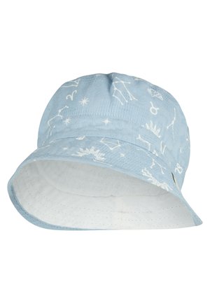 Light blue bucket hat with white constellation and star patterns, featuring a wide brim and soft fabric texture.