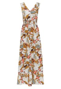 Maxikleid mit V-Ausschnitt, ärmellosem Design, elastischem Bund und floralem Muster in den Farben Weiß, Orange und Grau.