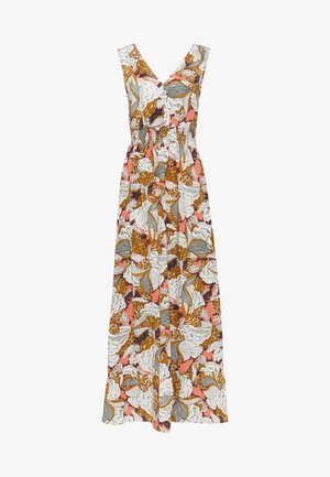 Maxi dress featuring a V-neckline, sleeveless design, elastic waistband, and a floral pattern in shades of white, orange, and gray.
