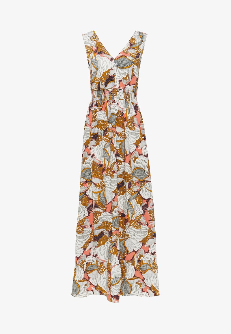Maxikleid mit V-Ausschnitt, ärmellosem Design, elastischem Bund und floralem Muster in den Farben Weiß, Orange und Grau.