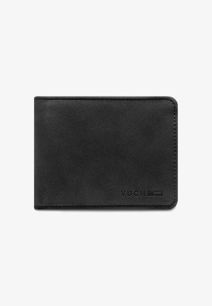 Black leather wallet with a smooth texture, rectangular shape, rounded edges, and embossed "VUCH" logo at the bottom right corner.