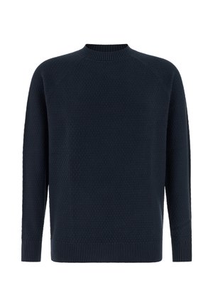 Tmavě modrý svetr s texturovaným vzorem, dlouhými rukávy, kulatým výstřihem a žebrovanými lemy na manžetách a spodním okraji, zobrazený na bílém pozadí.