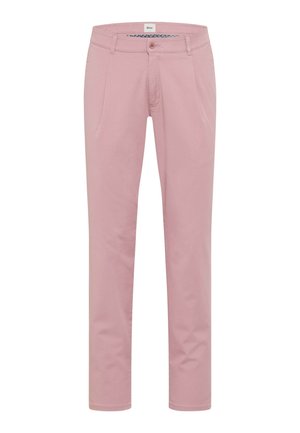 Herre-slimfitbukser i blød lyserød med bæltestropper, knap- og lynlås foran, sidelommer og en lille logomærkat indeni linningen.