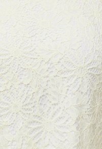 Krajková tkanina v odstínu slonové kosti s jemnými květinovými vzory a delikátní texturou, pokládaná na hladký základní materiál.