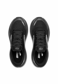 Black running shoes with mesh upper, padded tongue, and laces. Features white logo accents and textured sole for traction.
