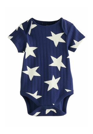 Navyblaues, geripptes Bodysuit mit weißem Sternmuster, ausgestattet mit kurzen Ärmeln und Druckknöpfen am Boden für ein einfaches Ankleiden.