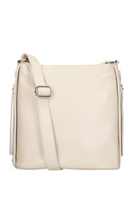 Bílá kožená crossbody taška s texturovaným povrchem, nastavitelným popruhem a stříbrnými kovovými detaily. Jednoduchý, obdélníkový design.