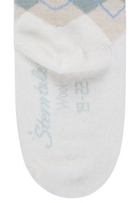 White cotton sock featuring a diamond pattern in blue and green. The sock has light text printed in a mint green shade.