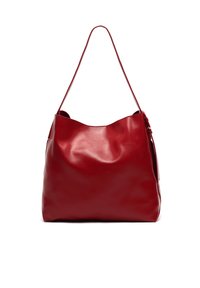 Červená kožená kabelka hobo s jedním ramenním popruhem a měkkým, texturovaným povrchem. Vyznačuje se volným tvarem a minimalistickým designem.