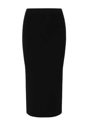 Falda lápiz de punto negra con una cinturilla alta. Textura suave, diseño hasta la rodilla, silueta ceñida y sin costuras ni adornos visibles.