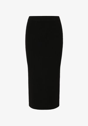 Falda lápiz de punto negra con una cinturilla alta. Textura suave, diseño hasta la rodilla, silueta ceñida y sin costuras ni adornos visibles.