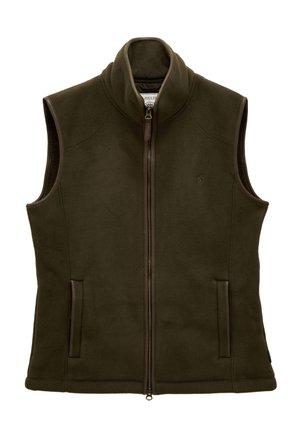 Mørkegrøn fleecervest uden ærmer med fuld lynlås foran, høj krave og to forlommer.