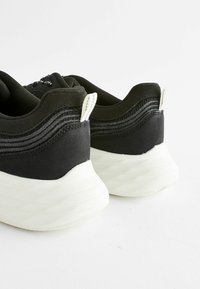 Black sneakers with a smooth textile upper, textured accents on the heel, and a cushioned white sole featuring a wavy pattern.