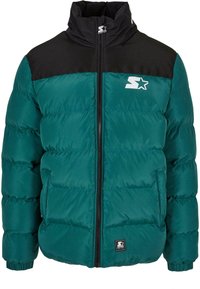 Teal puffer jacket with black upper section, high collar, front zipper, and elastic cuffs. Features a white star logo on the chest.