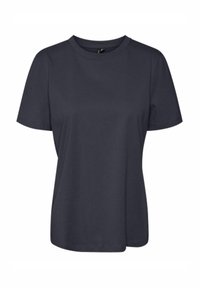 Ciemnoniebieska, krótka koszulka wykonana z miękkiej bawełny, z klasycznym okrągłym dekoltem i luźnym krojem. Bez widocznych wzorów czy akcentów.