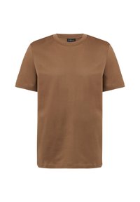 Bruine katoenen T-shirt met een ronde hals en korte mouwen. Effen structuur, geen patronen en minimale naaidetails.
