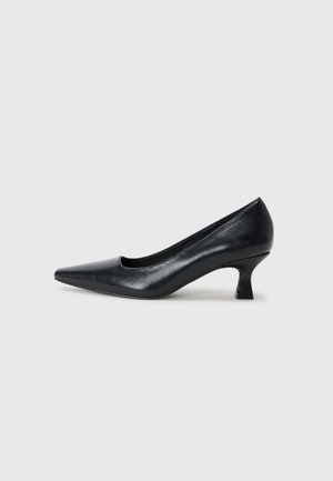 Pompe en cuir noir avec un bout pointu et un petit talon carré. Texture lisse, lignes épurées, design simple sans motifs ni ornements visibles.