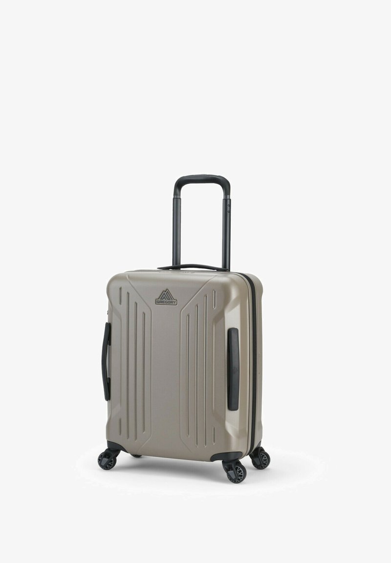 Hartschalenkoffer in metallischem Braun mit strukturierten Streifen. Ausziehbarer schwarzer Griff und vier Rollen für einfache Manövrierbarkeit.