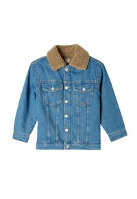 Jeansjacka i ljusblått med krage i brun fuskpäls, knappstängning, två bröstfickor och långa ärmar. Mjuk textur med klassisk design.