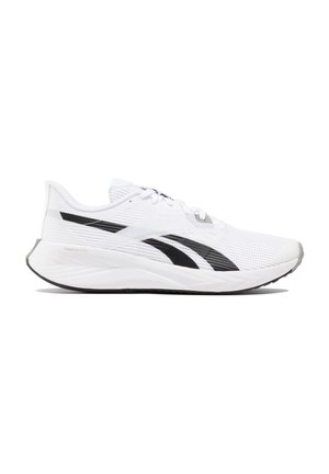 Zapatillas de running blancas con acentos negros, que cuentan con una parte superior de malla, diseño de cordones, suela acolchada y superficie texturizada para transpirabilidad.