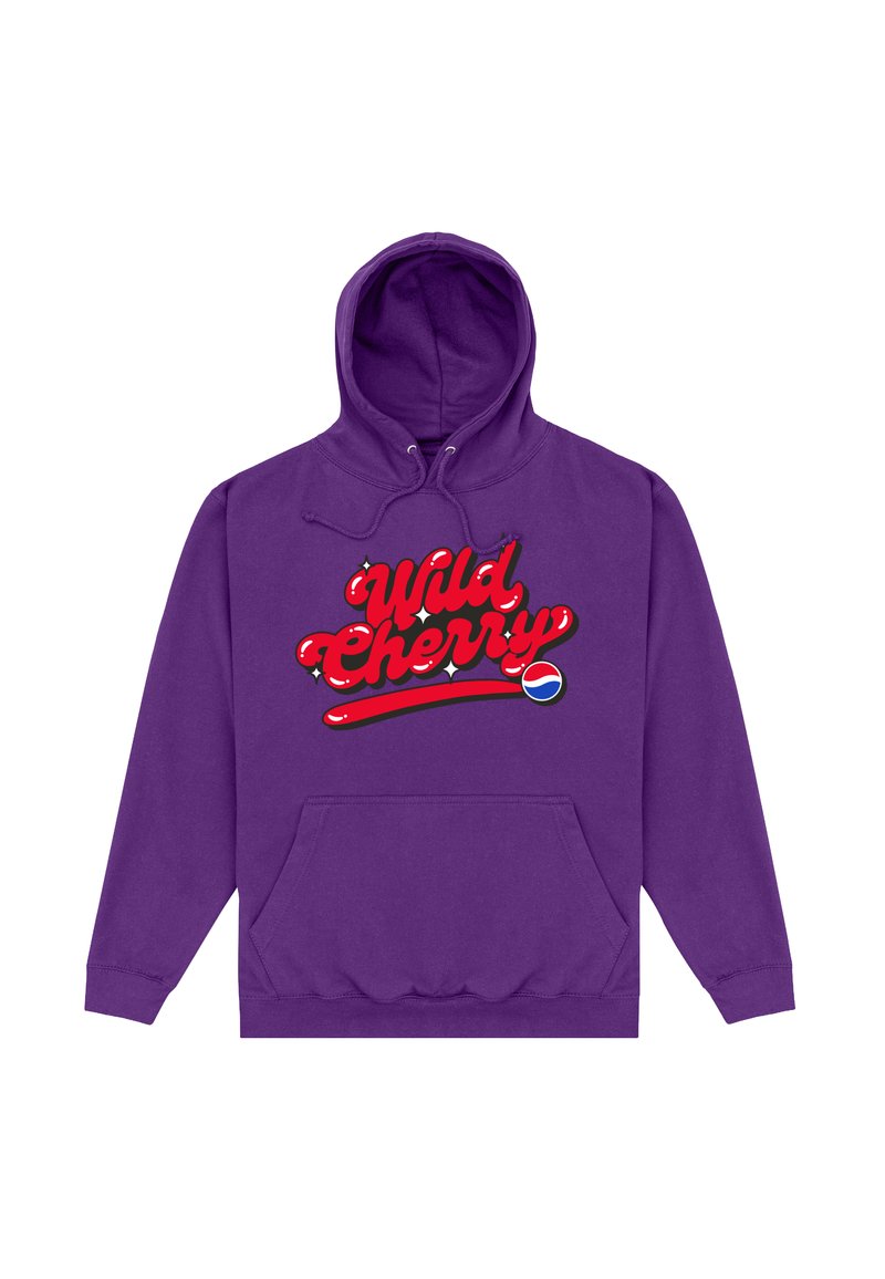 Felpa viola con il testo "Wild Cherry" in rosso e dettagli bianchi. Include una tasca frontale e cordini sul cappuccio.