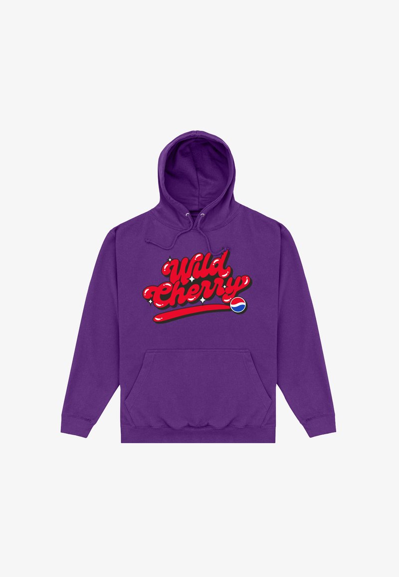 Fioletowa bluza z kapturem z napisem "Wild Cherry" w kolorze czerwonym z białymi akcentami. Zawiera kieszeń z przodu oraz sznurki na kapturze.