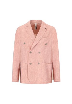 Blazer doppiopetto in lino rosa con sei bottoni, rever a incavo, taschino sul petto e due tasche frontali inferiori, mostrato su sfondo bianco.