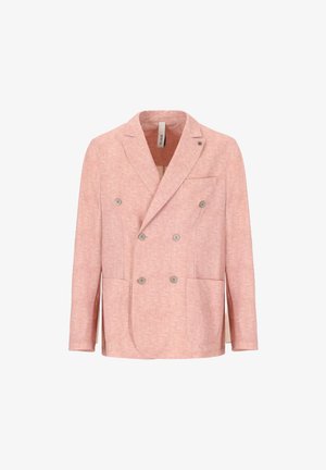 Blazer doppiopetto in lino rosa con sei bottoni, rever a incavo, taschino sul petto e due tasche frontali inferiori, mostrato su sfondo bianco.