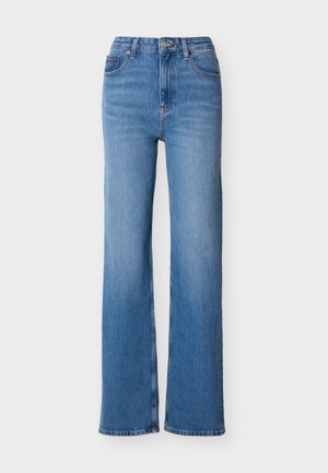 Modré džíny s vysokým pasem a rovnými nohavicemi, se zapínáním na knoflíky a zip vpředu, design s pěti kapsami a poutky na opasek na jednobarevném pozadí.