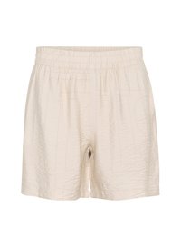 Losse shorts in lichtbeige, met een elastische tailleband en een subtiele gekreukte textuur. Geen zakken of zichtbare extra hardware.