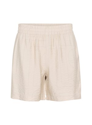 Pantaloni corti a vestibilità rilassata in beige chiaro, con elastico in vita e texture leggermente sgualcita. Senza tasche o accessori visibili.