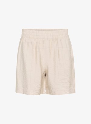 Pantaloni corti a vestibilità rilassata in beige chiaro, con elastico in vita e texture leggermente sgualcita. Senza tasche o accessori visibili.