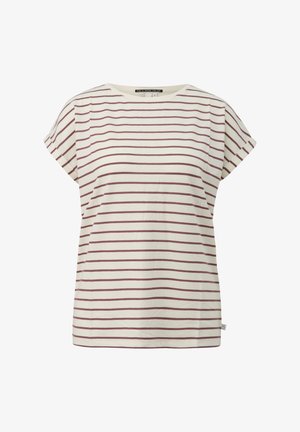 Krátký rukáv proužkované tričko v krémové barvě s bordovými horizontálními pruhy, kulatý výstřih a volný střih. Měkký bavlněný materiál.