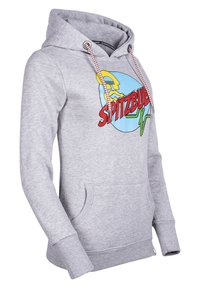 Grey hoodie with a colorful graphic print. Features a drawstring hood, front pocket, ribbed cuffs, and a soft cotton blend material.
