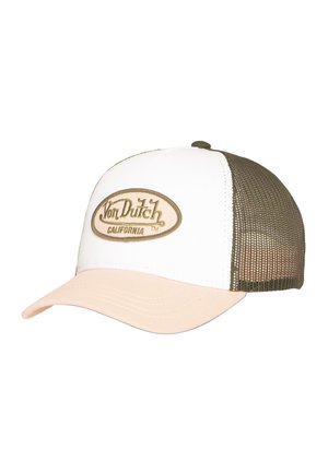 Casquette de camionneur Von Dutch California blanche et beige avec dos en maille et visière incurvée.