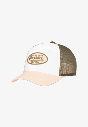 Casquette de camionneur Von Dutch California blanche et beige avec dos en maille et visière incurvée.