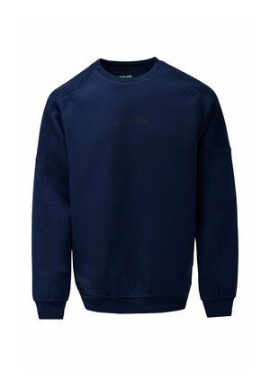 Marineblauwe sweatshirt van zachte stof, met geribbelde accenten op de schouders en een subtiel logo op de borst. Klassiek ronde halsontwerp.