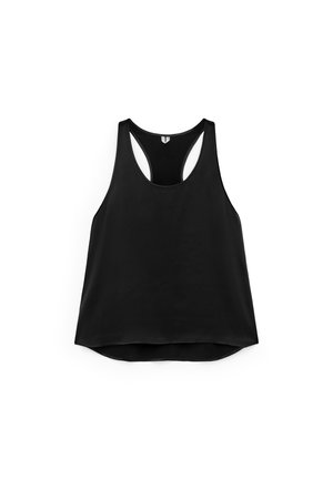 Black tank top with a relaxed fit, featuring a round neckline and racerback design. Made of smooth fabric with a slightly shiny texture.