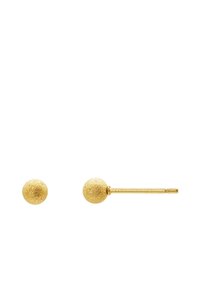 Boucles d'oreilles en or avec une surface texturée, comprenant un clou en forme de boule et un design à tige. La finition est mate, mettant en valeur la couleur dorée.