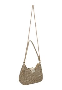 Borsa color oro con design intrecciato, dotata di patta superiore, dettagli metallici e tracolla a catena. Texture liscia e forma strutturata.