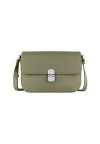 Borsa a tracolla verde in pelle sintetica con forma rettangolare, chiusura magnetica e tracolla regolabile. Presenta un marchio in rilievo discreto.