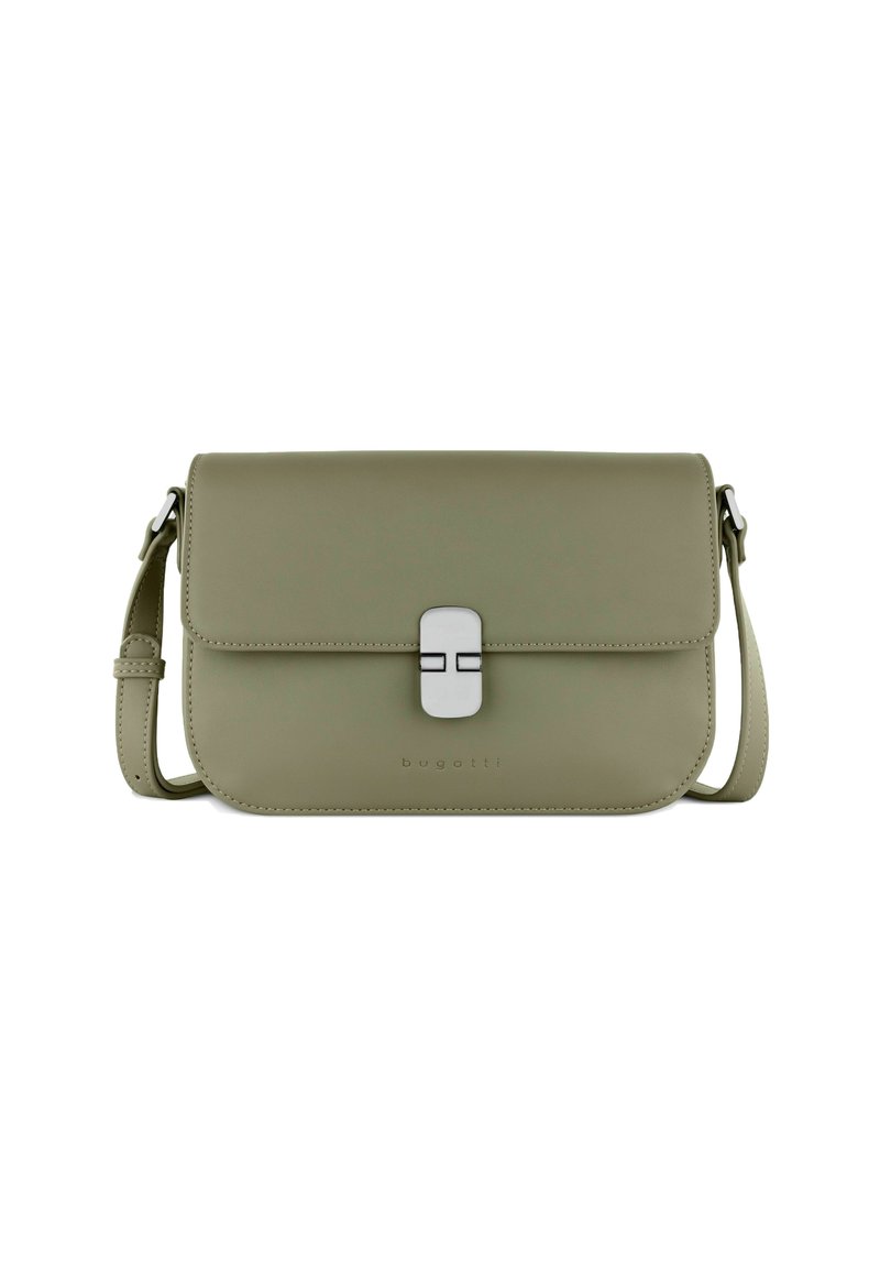 Borsa a tracolla verde in pelle sintetica con forma rettangolare, chiusura magnetica e tracolla regolabile. Presenta un marchio in rilievo discreto.