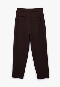 Bruine broek van een gladde stof, met een recht gesneden design en twee achterzakken. De tailleband is plat en de textuur lijkt zacht en comfortabel.