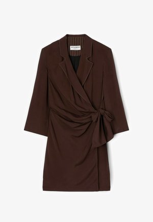 Dark brown wrap dress with three-quarter sleeves, notched lapel collar, and side tie detail, flat laid on white background.