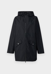 Černá nepromokavá bunda se zipem vpředu, nastavitelnou kapucí, elastickým pasem a dvěma předními kapsami se zápinky. Hladká textilní struktura.