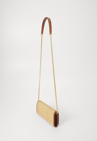 Woven straw crossbody bag with a brown leather top and a gold chain strap, featuring a rectangular shape and a textured surface.