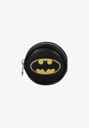 Porte-monnaie noir rond avec un logo Batman jaune sur le devant, fabriqué en cuir synthétique, doté d'une fermeture éclair en argent.