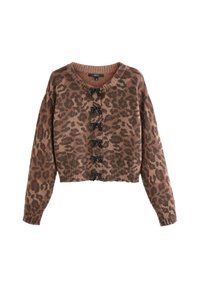 Geknipte bruine luipaardprint cardigan met lange mouwen en zwarte strikknopen aan de voorkant.