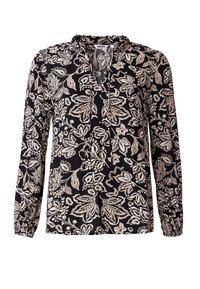 Blusa nera con maniche lunghe, caratterizzata da un motivo floreale in beige. Collo arricciato e chiusura con bottoni sulla parte anteriore.