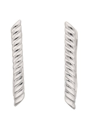 Sølv snoede øreringe i ringform med en glat, skinnende overflade, vist side om side på en hvid baggrund.